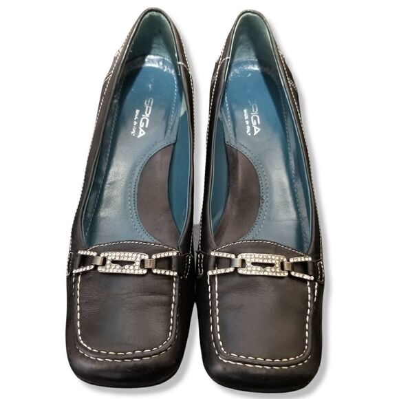 ⭐️ Via Spiga Italian Leather Kitten Heel Loafers w/ Crystal Horsebit sz 6.5M Blk - Picture 3 of 14